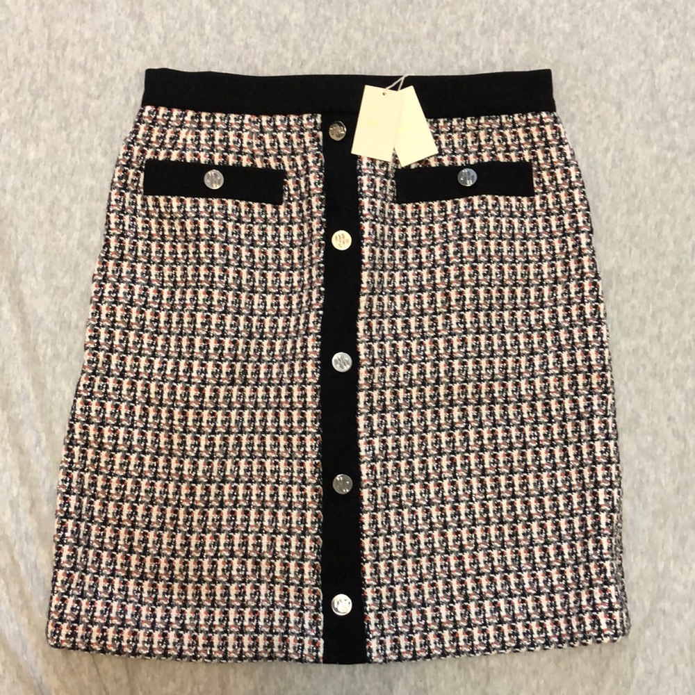 Maje Pink and Black Tweed Button-Front Mini Skirt